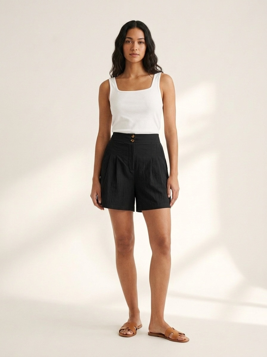 Pantalones cortos de mujer de talle alto, plisados y de pierna ancha.