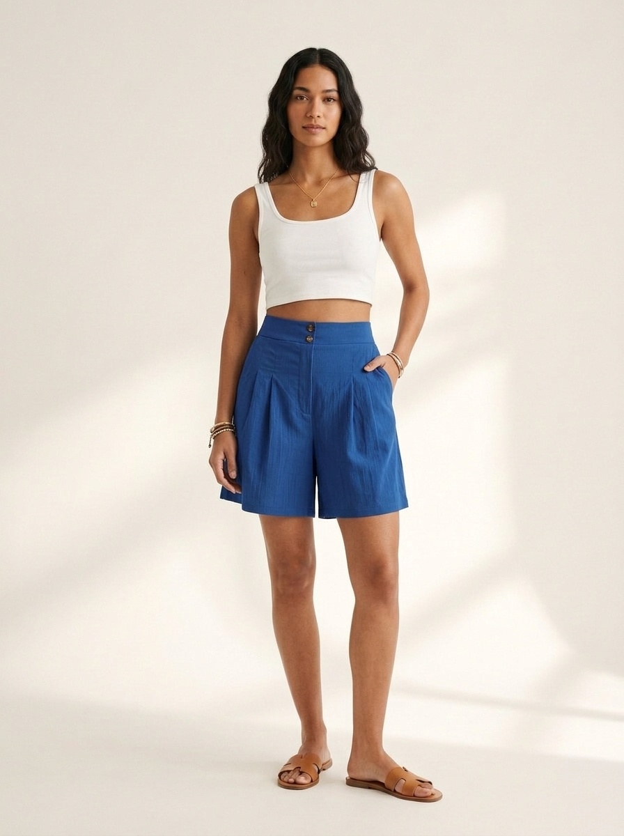 Pantalones cortos de mujer de talle alto, plisados y de pierna ancha.