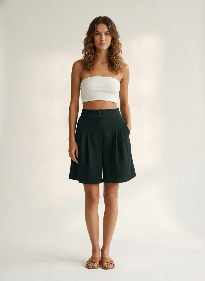 Pantalones cortos de mujer de talle alto, plisados y de pierna ancha.