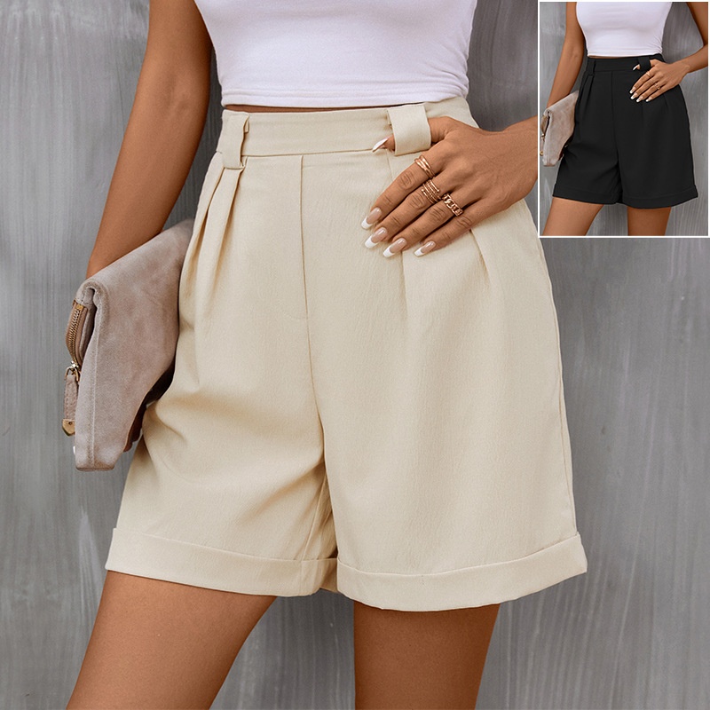 High Waisted Pleated Cuffed Shorts