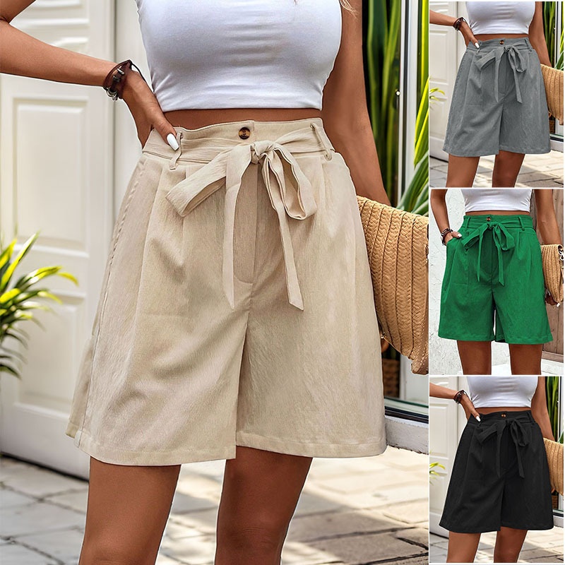 Short à jambes larges plissé, taille haute et ceinture à nouer pour femme