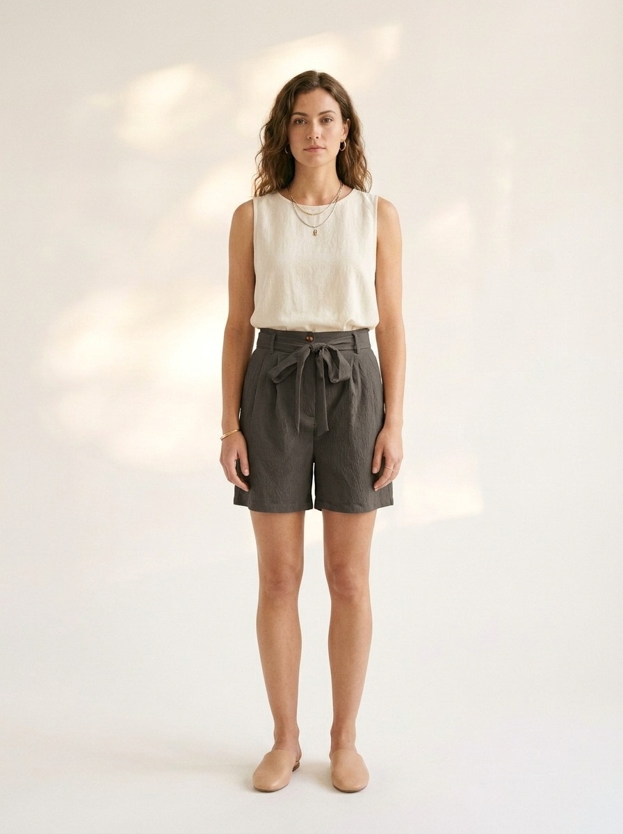 Short à jambes larges plissé, taille haute et ceinture à nouer pour femme