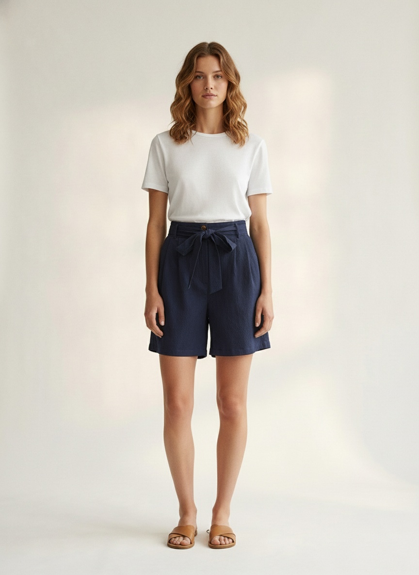 Short à jambes larges plissé, taille haute et ceinture à nouer pour femme