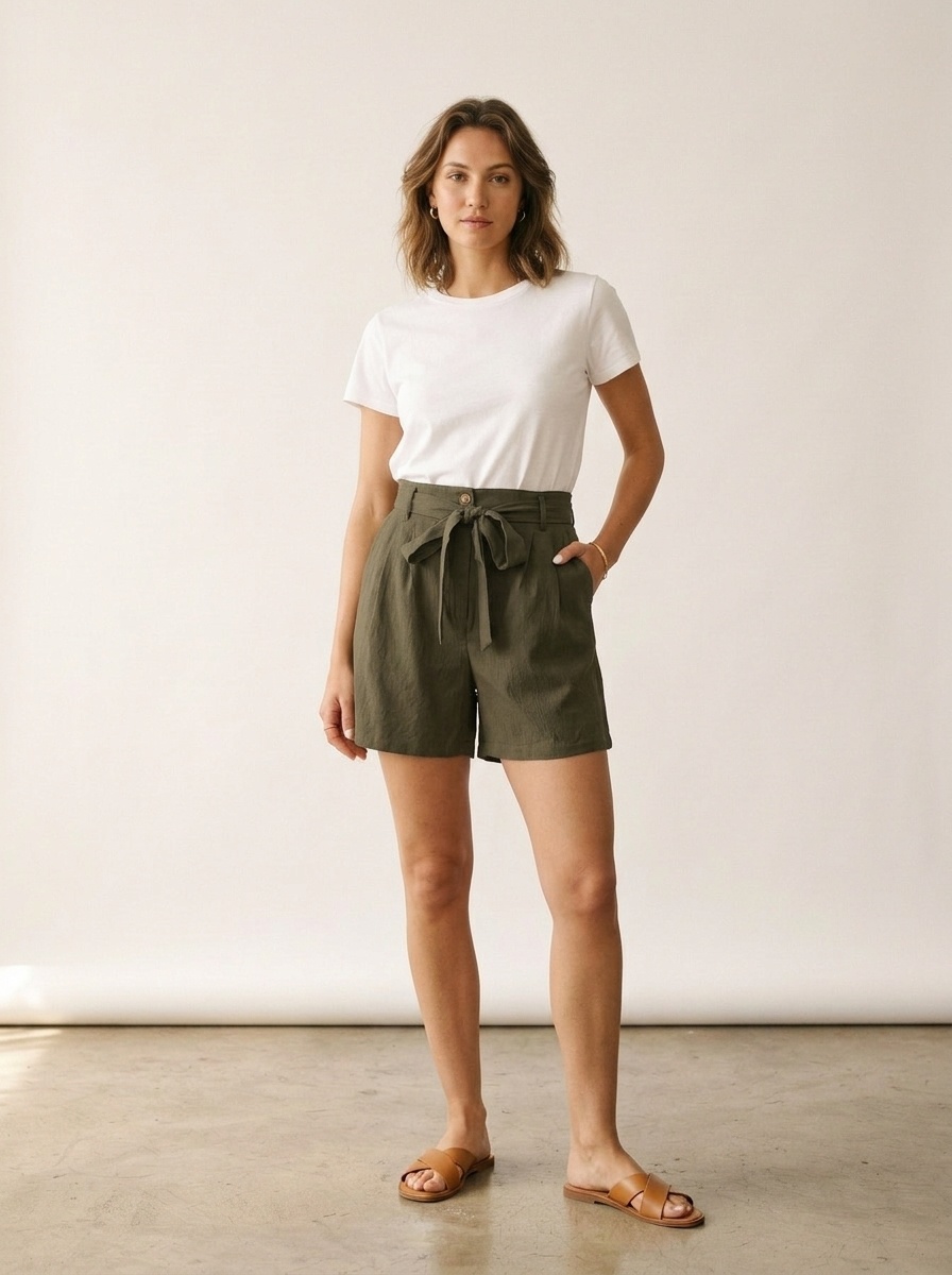 Short à jambes larges plissé, taille haute et ceinture à nouer pour femme