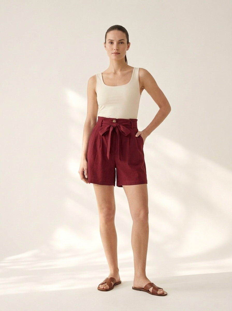 Short à jambes larges plissé, taille haute et ceinture à nouer pour femme