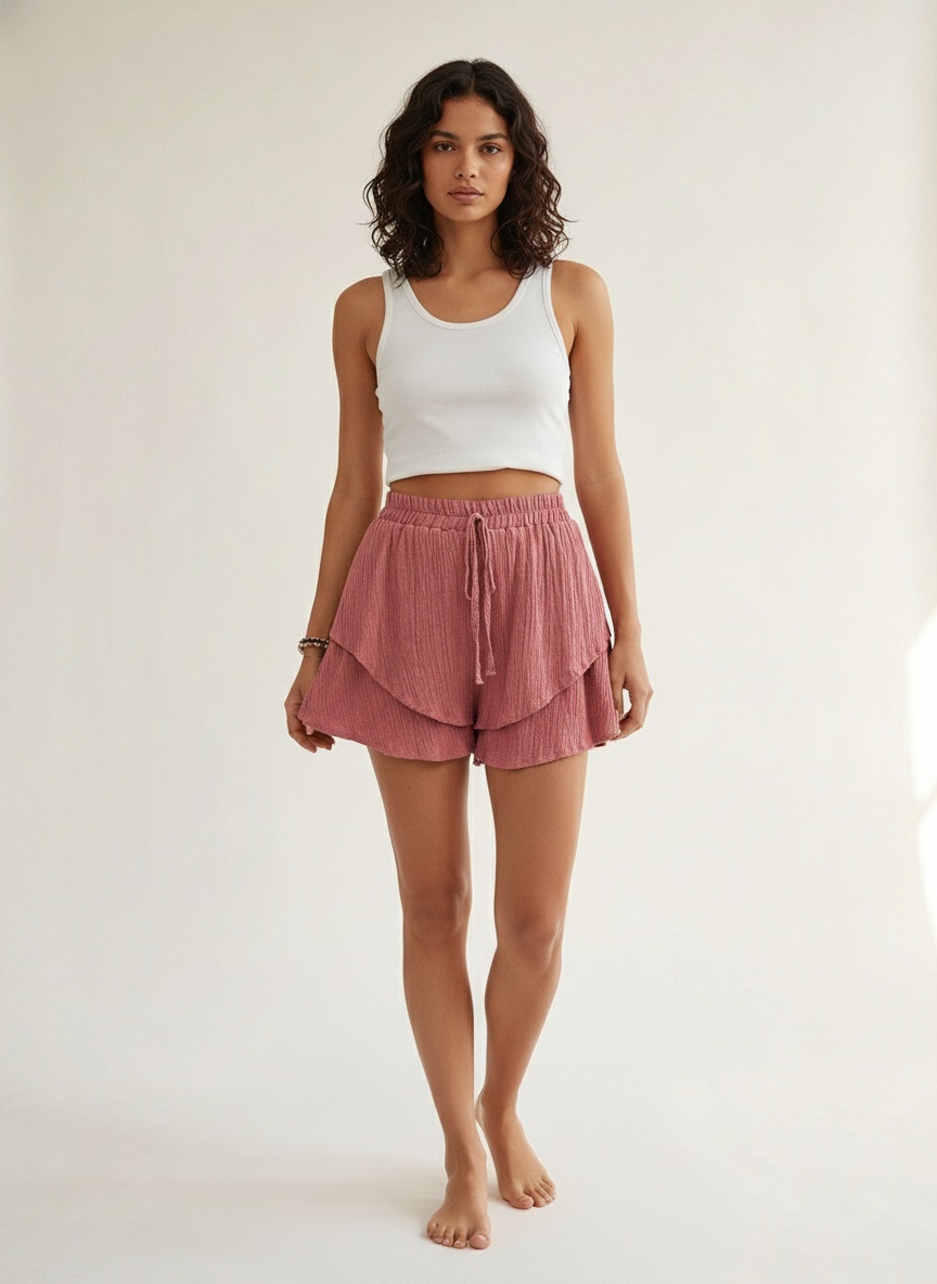 Tiered Ruffle Drawstring Shorts - Crinkle Cotton