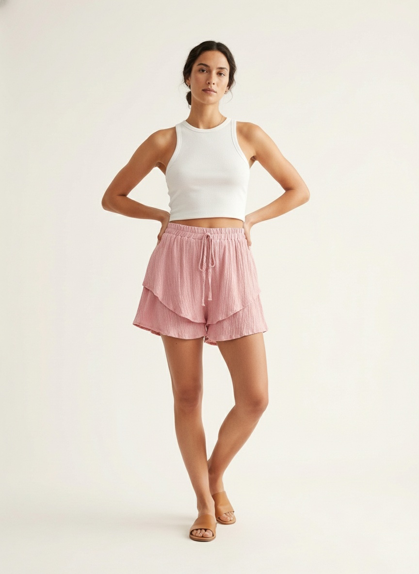 Tiered Ruffle Drawstring Shorts - Crinkle Cotton
