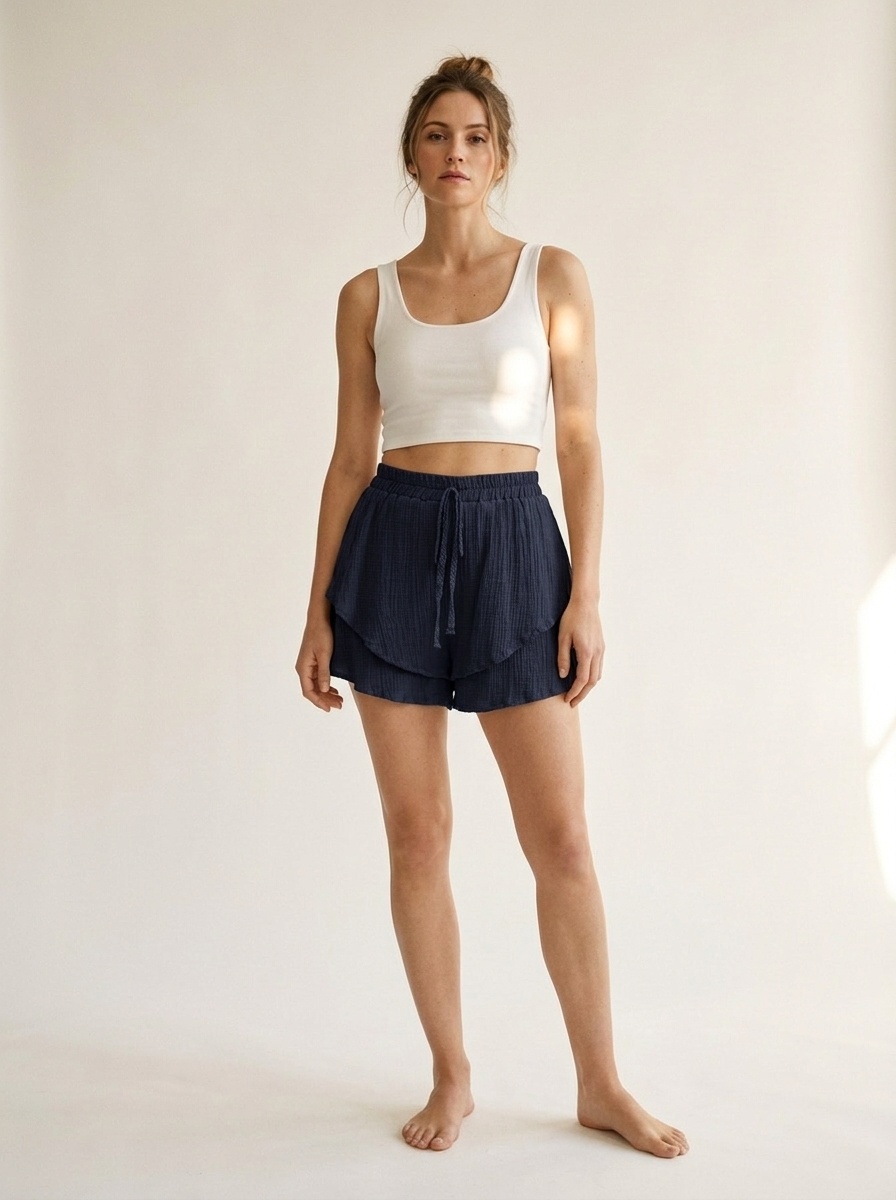 Tiered Ruffle Drawstring Shorts - Crinkle Cotton