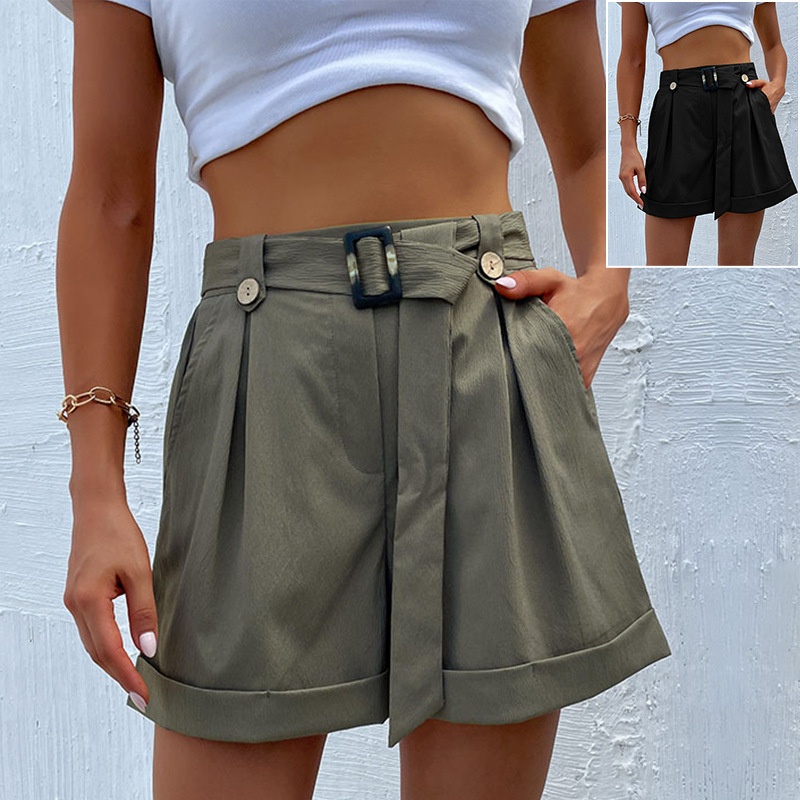 Short à taille haute plissé avec ceinture et revers pour femme