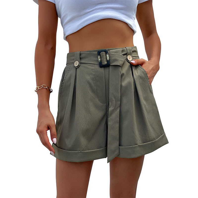 Short à taille haute plissé avec ceinture et revers pour femme