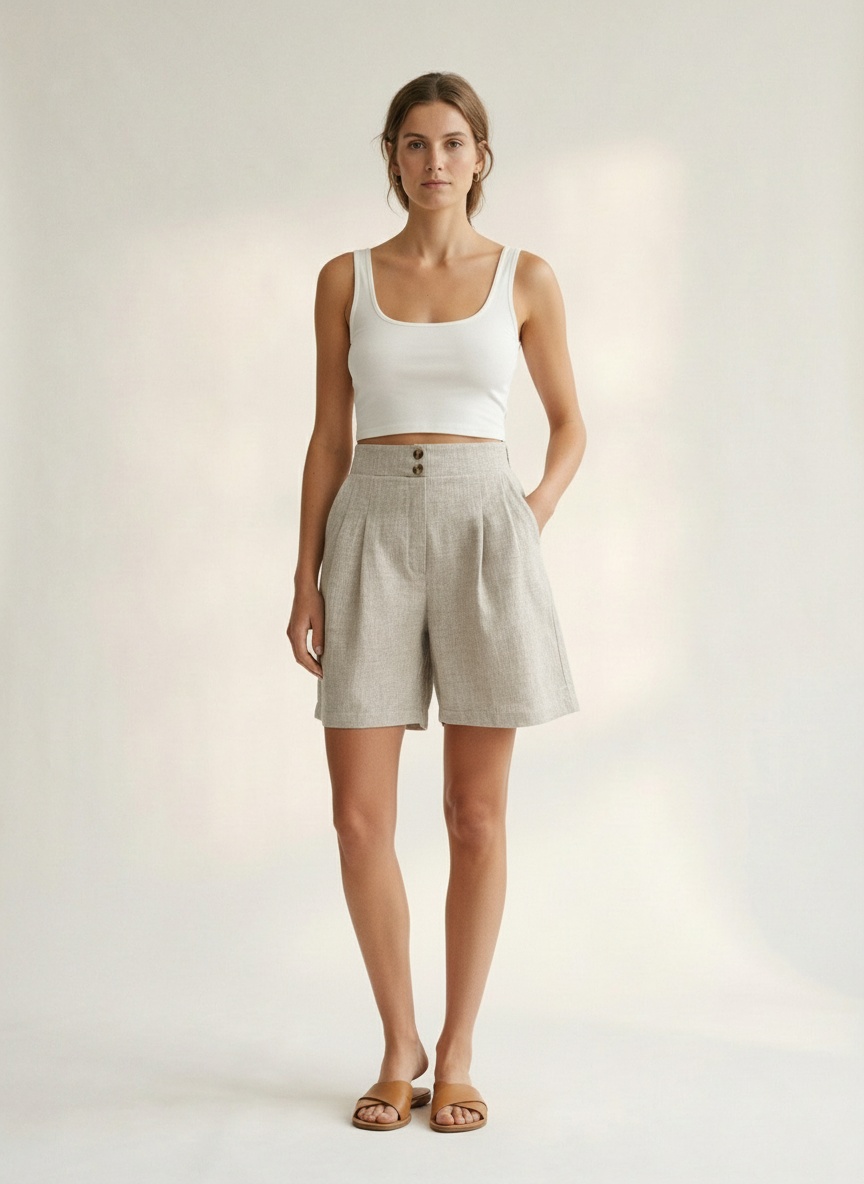 Short décontracté plissé taille haute pour femme en lin mélangé