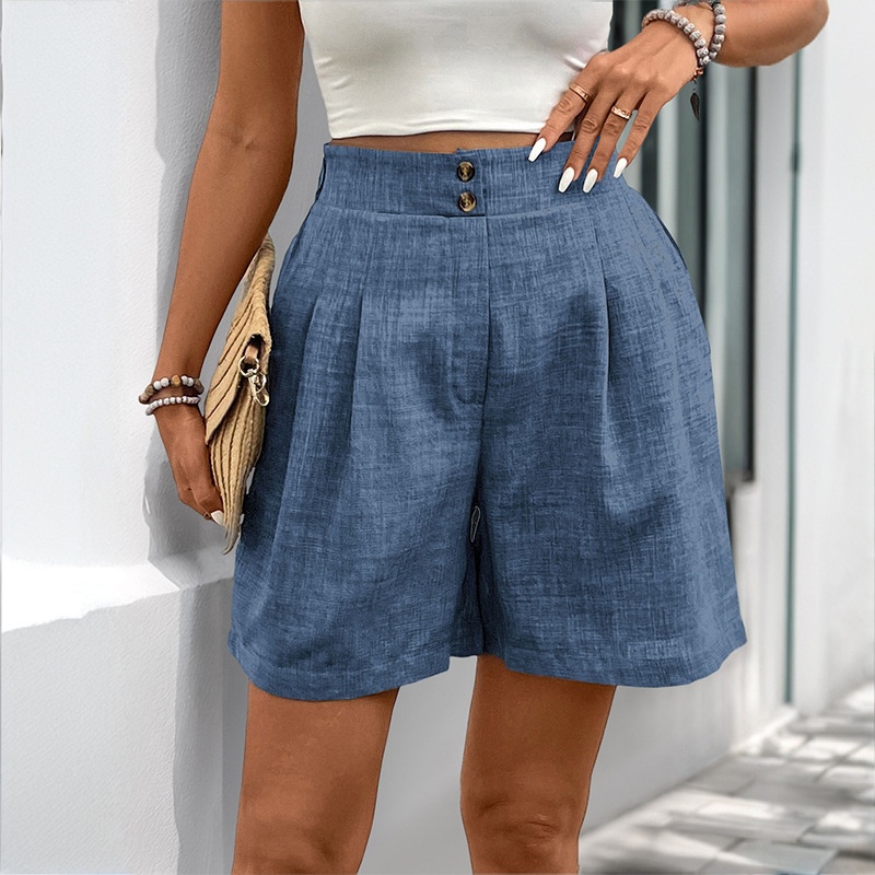 Short décontracté plissé taille haute pour femme en lin mélangé