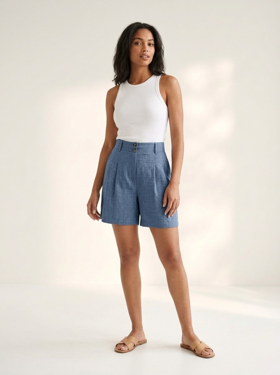 Short décontracté plissé taille haute pour femme en lin mélangé
