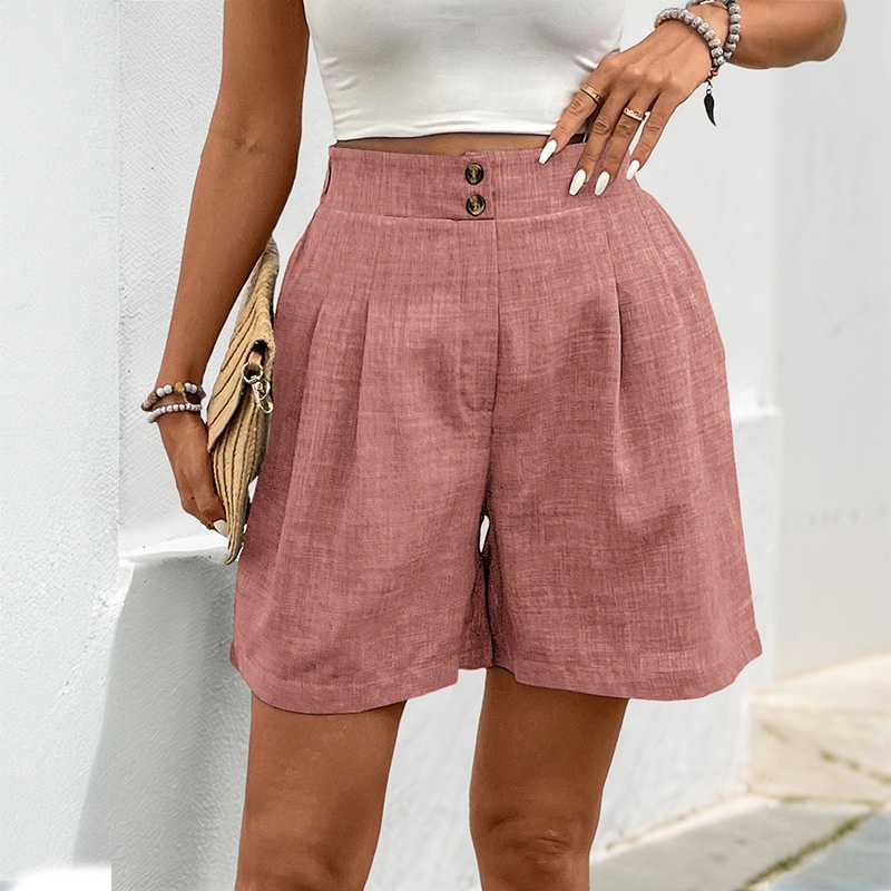Short décontracté plissé taille haute pour femme en lin mélangé