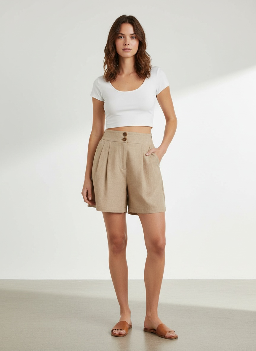 Short décontracté plissé taille haute pour femme en lin mélangé