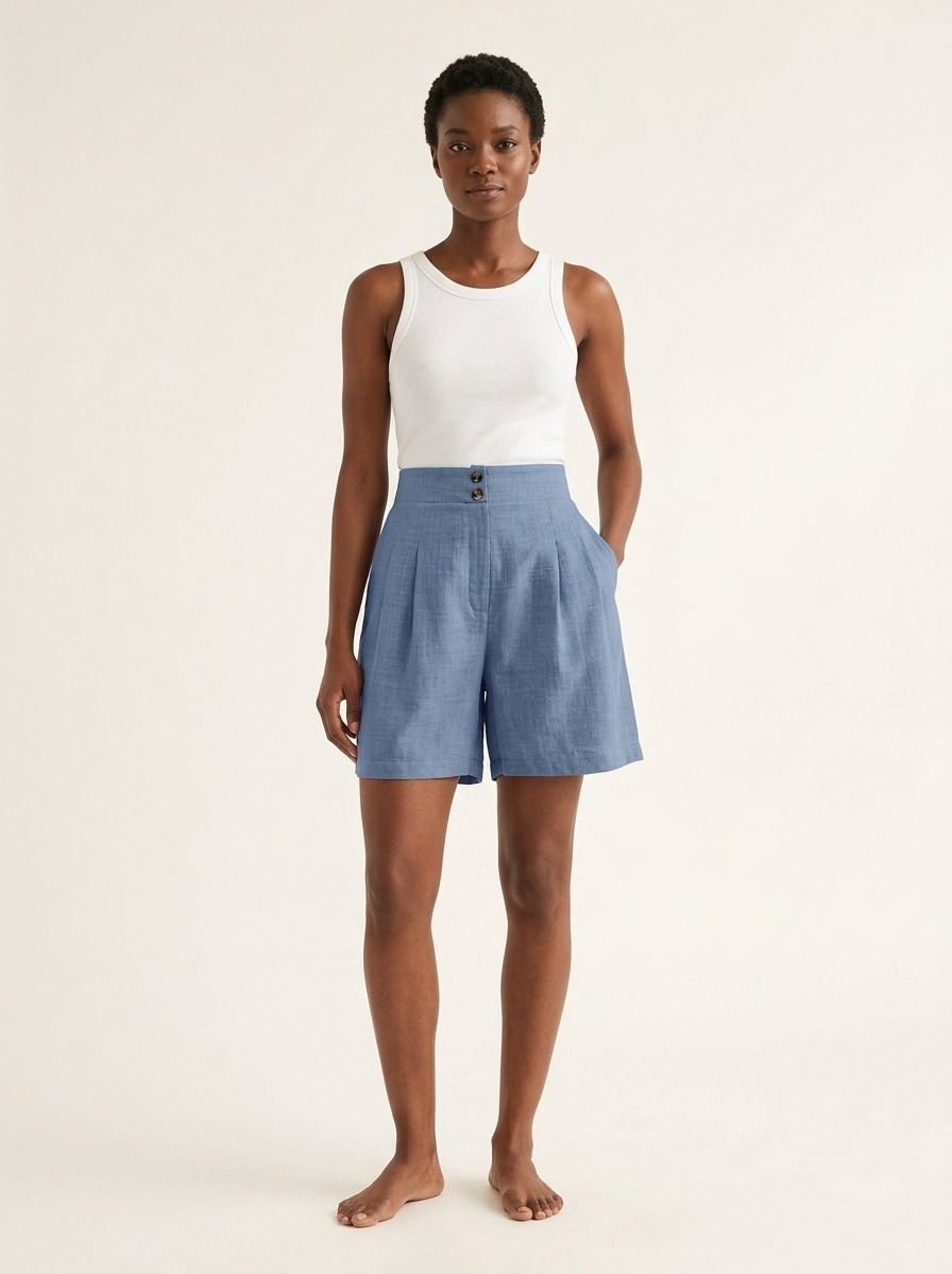 Short décontracté plissé taille haute pour femme en lin mélangé