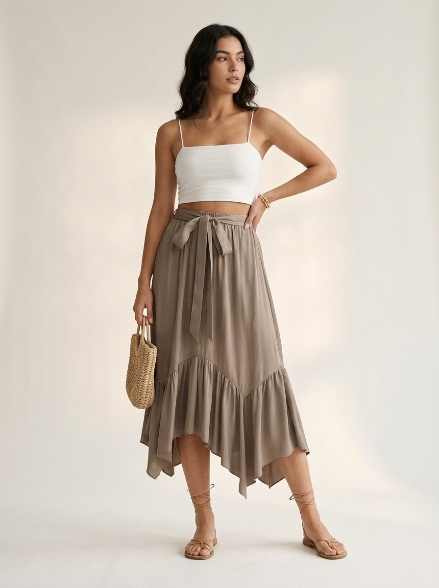 Taupe Ruffle Asymmetrical Hem Tie-Waist Midi Skirt