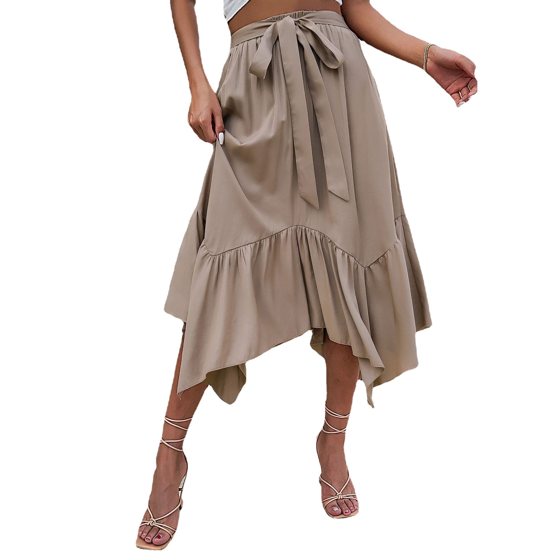 Taupe Ruffle Asymmetrical Hem Tie-Waist Midi Skirt
