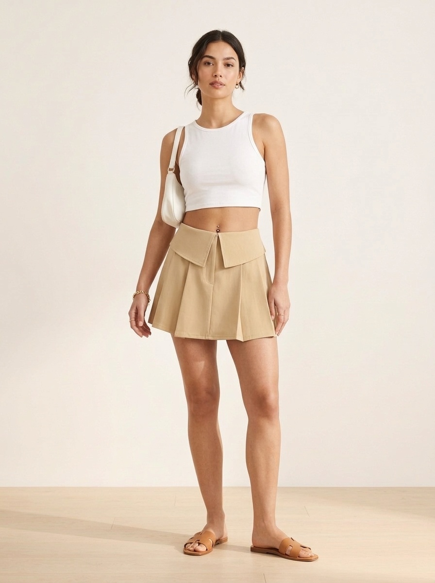 Chique kaki geplooide rokbroek met omslag in de taille.