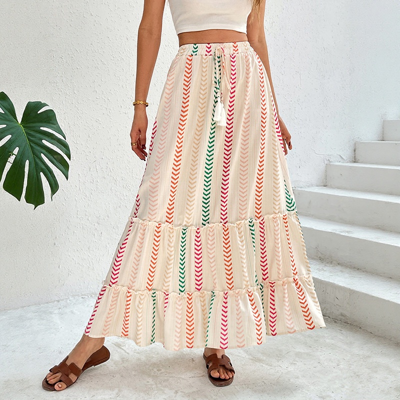 Boho maxi-rok met ruches en veelkleurige strepen