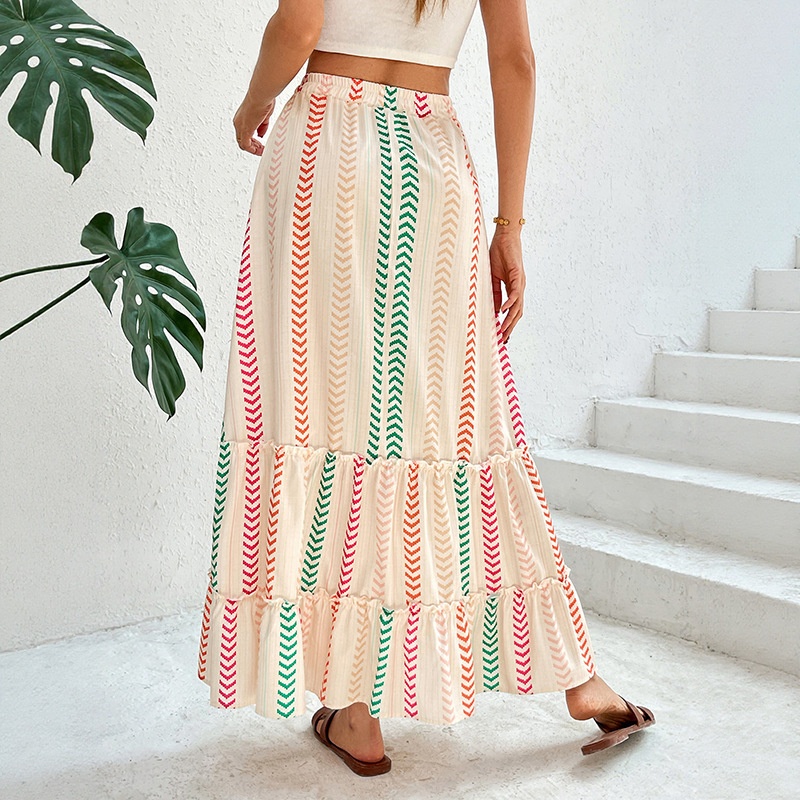 Boho maxi-rok met ruches en veelkleurige strepen