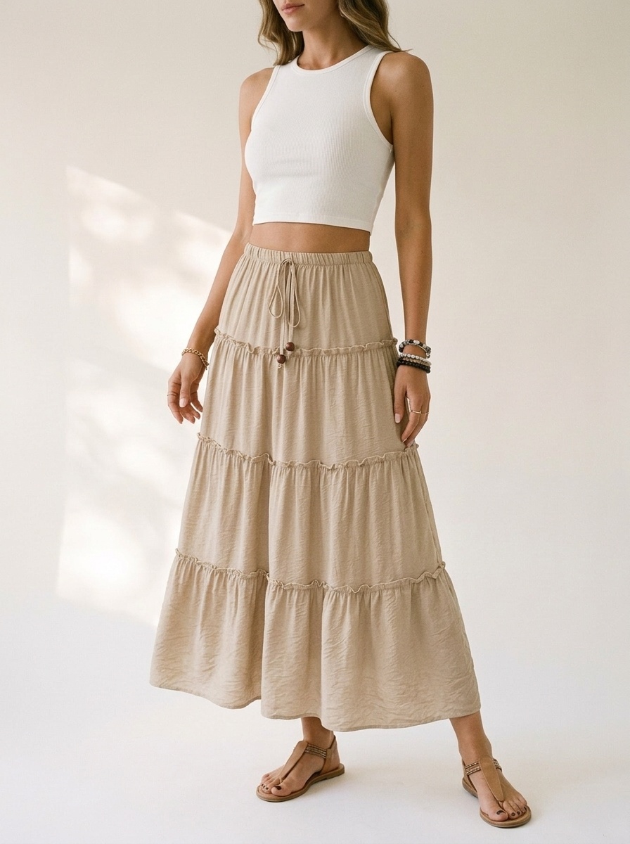 Jupe longue bohème à volants et taille à cordon