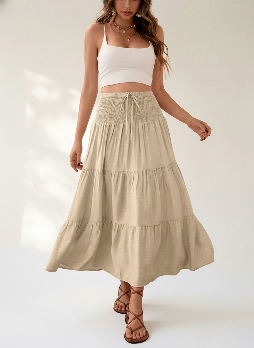 Jupe longue bohème beige à volants et taille smockée