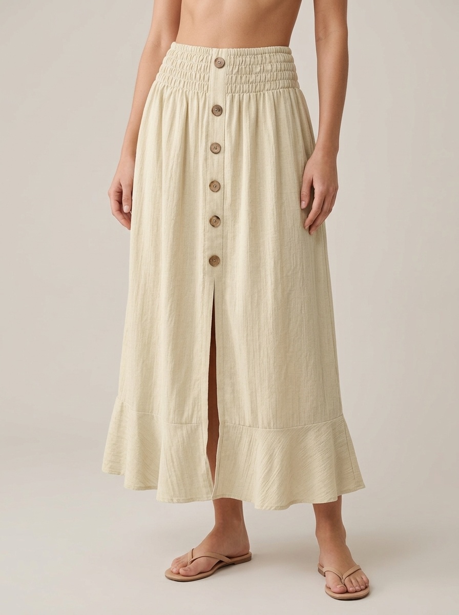 Jupe longue bohème boutonnée sur le devant, taille froncée et fente