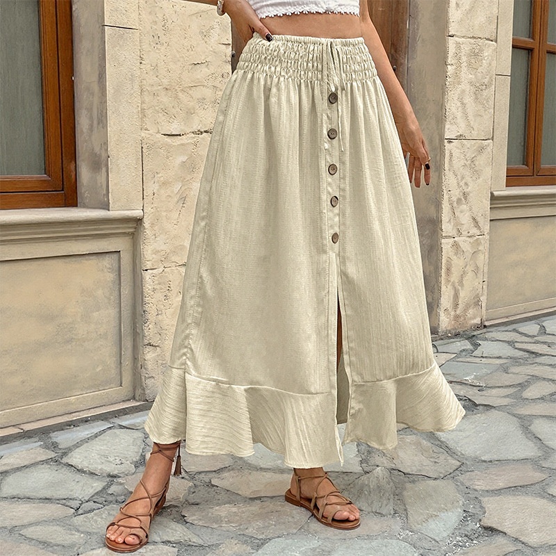 Jupe longue bohème boutonnée sur le devant, taille froncée et fente