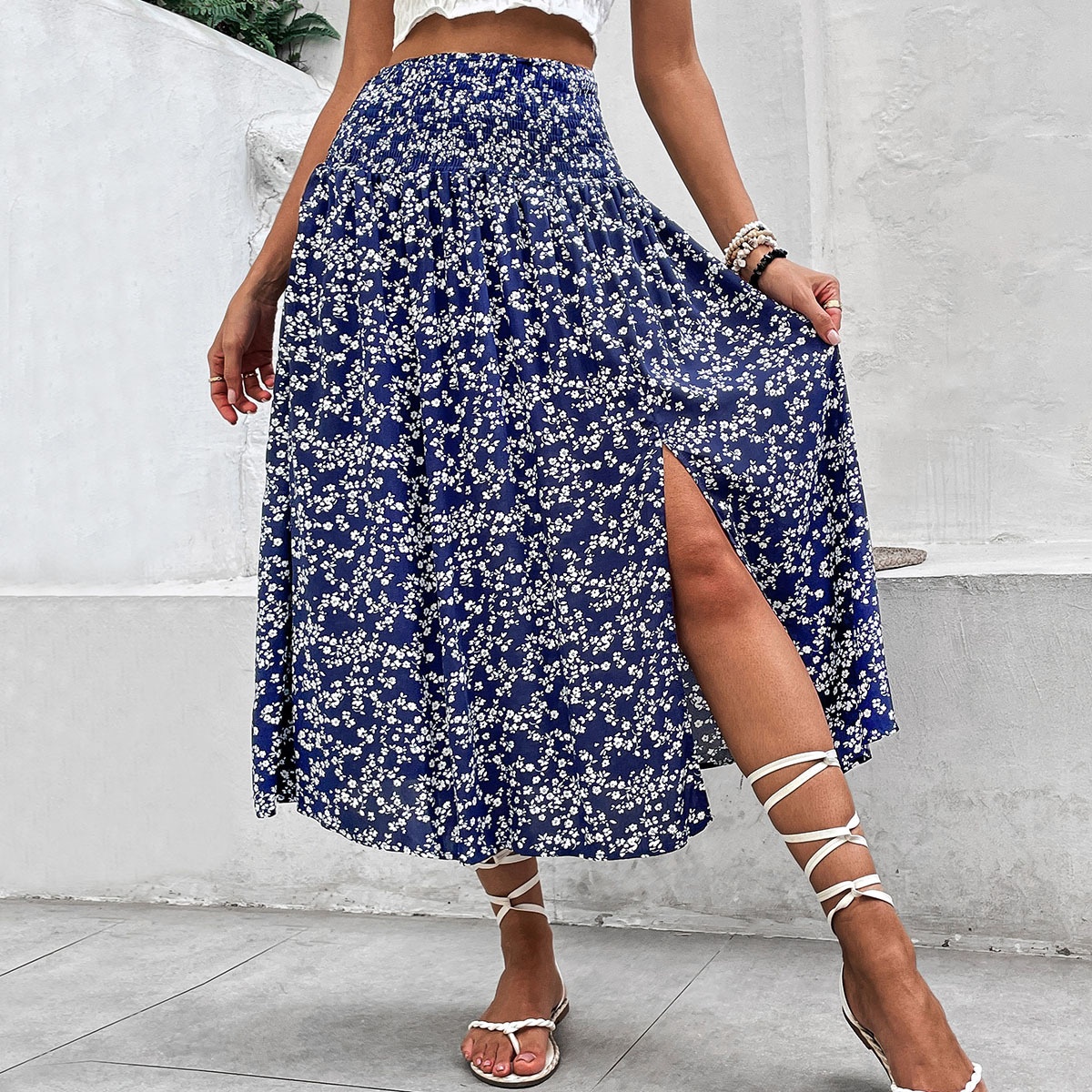 Dames midi-rok met hoge taille, bloemenprint en split