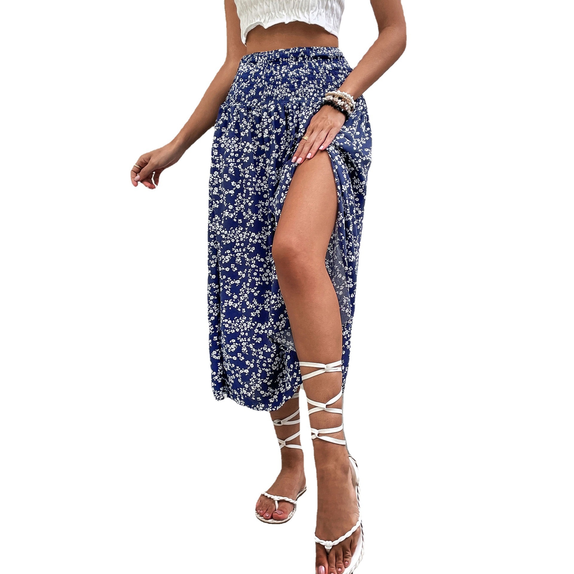 Dames midi-rok met hoge taille, bloemenprint en split