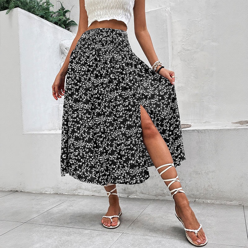 Dames midi-rok met hoge taille, bloemenprint en split