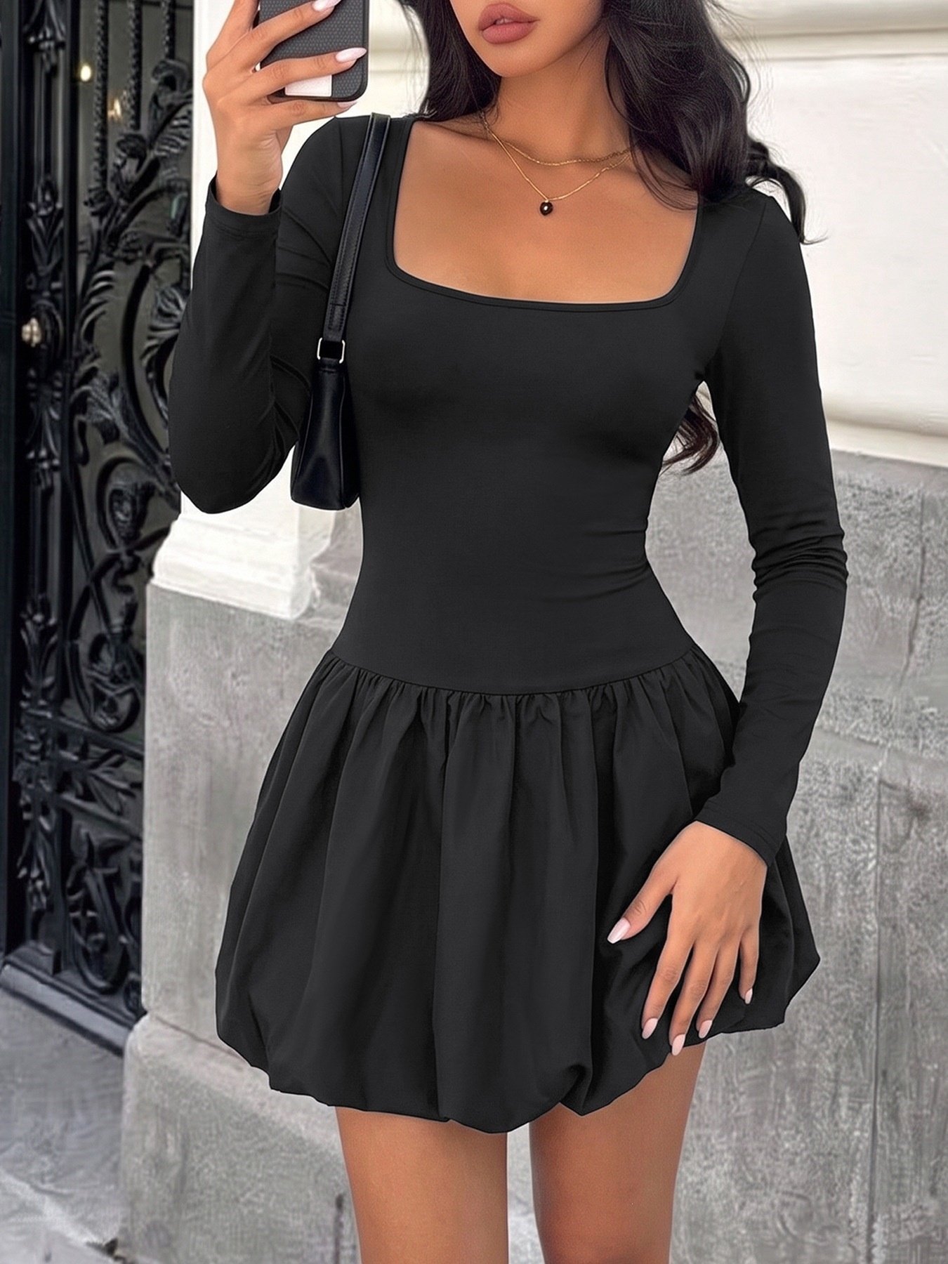 Women's Black Long Sleeve Bubble Hem Mini Dress