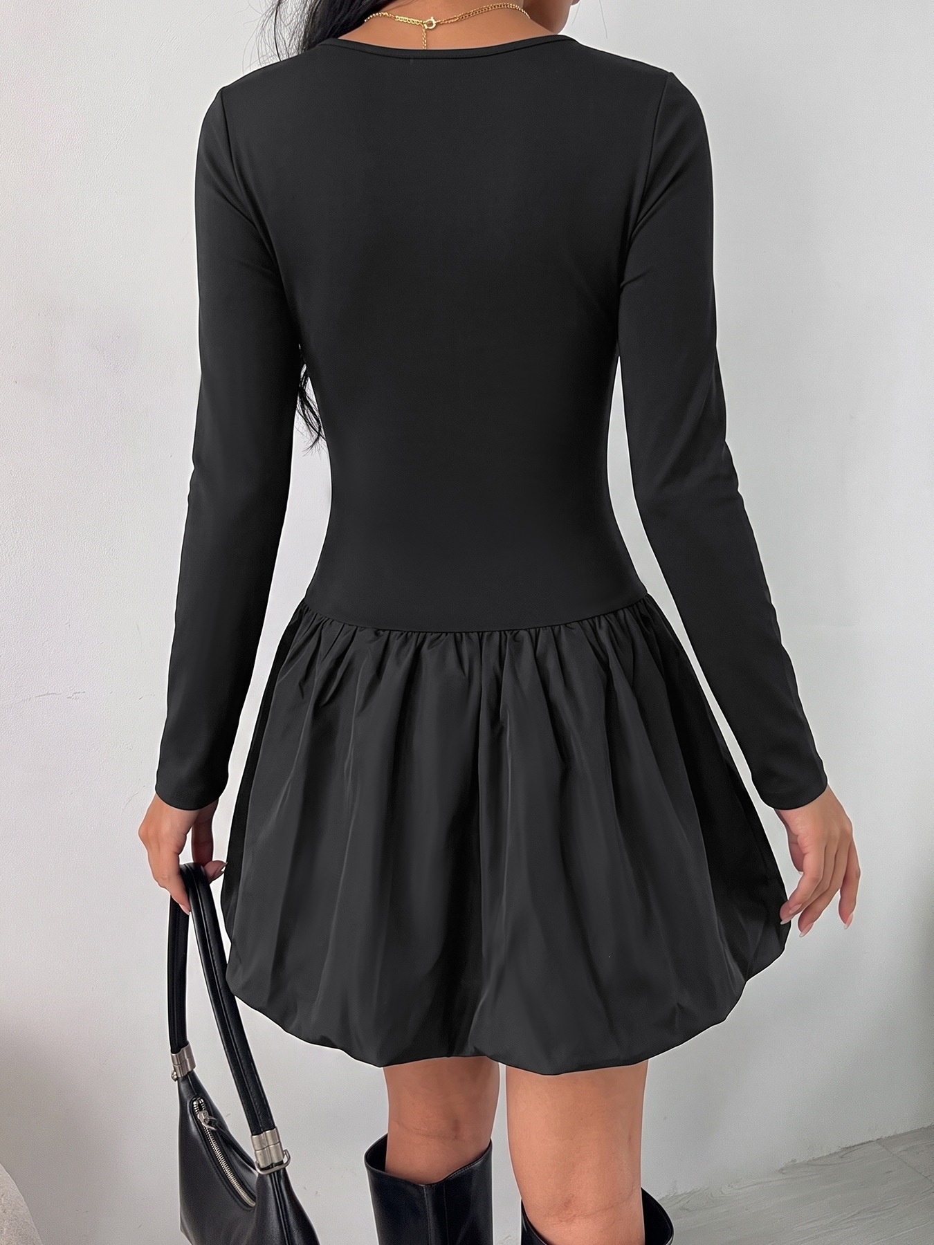 Women's Black Long Sleeve Bubble Hem Mini Dress