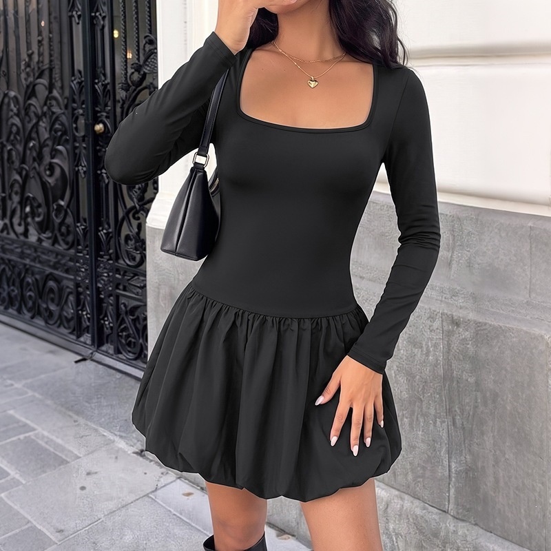 Women's Black Long Sleeve Bubble Hem Mini Dress