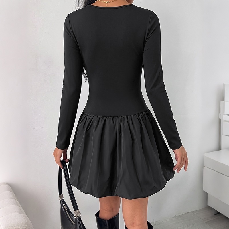 Women's Black Long Sleeve Bubble Hem Mini Dress