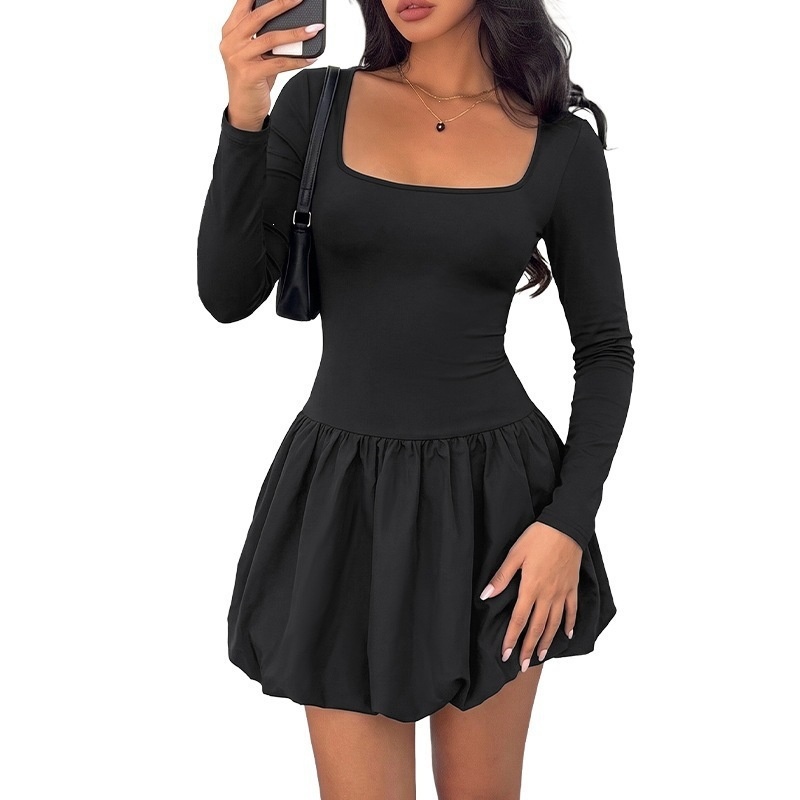 Women's Black Long Sleeve Bubble Hem Mini Dress