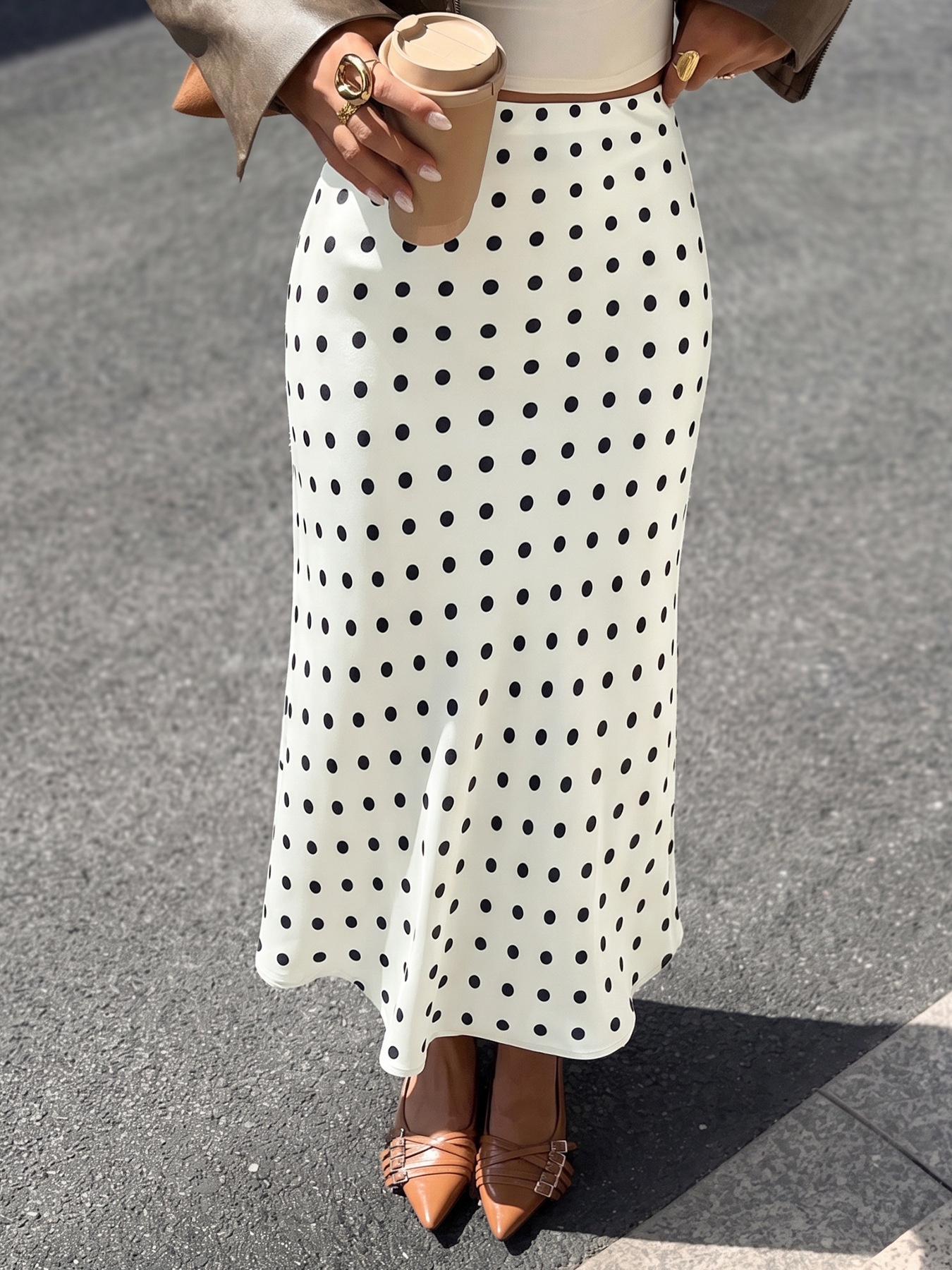 Women's Polka Dot Satin Midi A-Line Slip Skirt