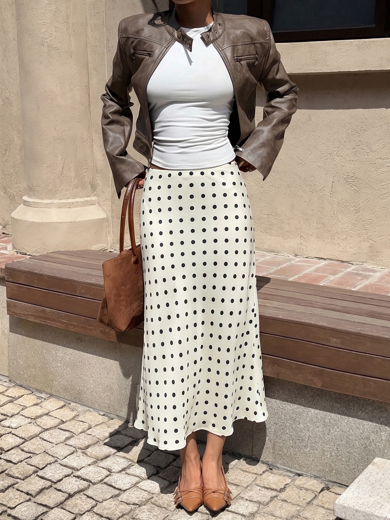Women's Polka Dot Satin Midi A-Line Slip Skirt