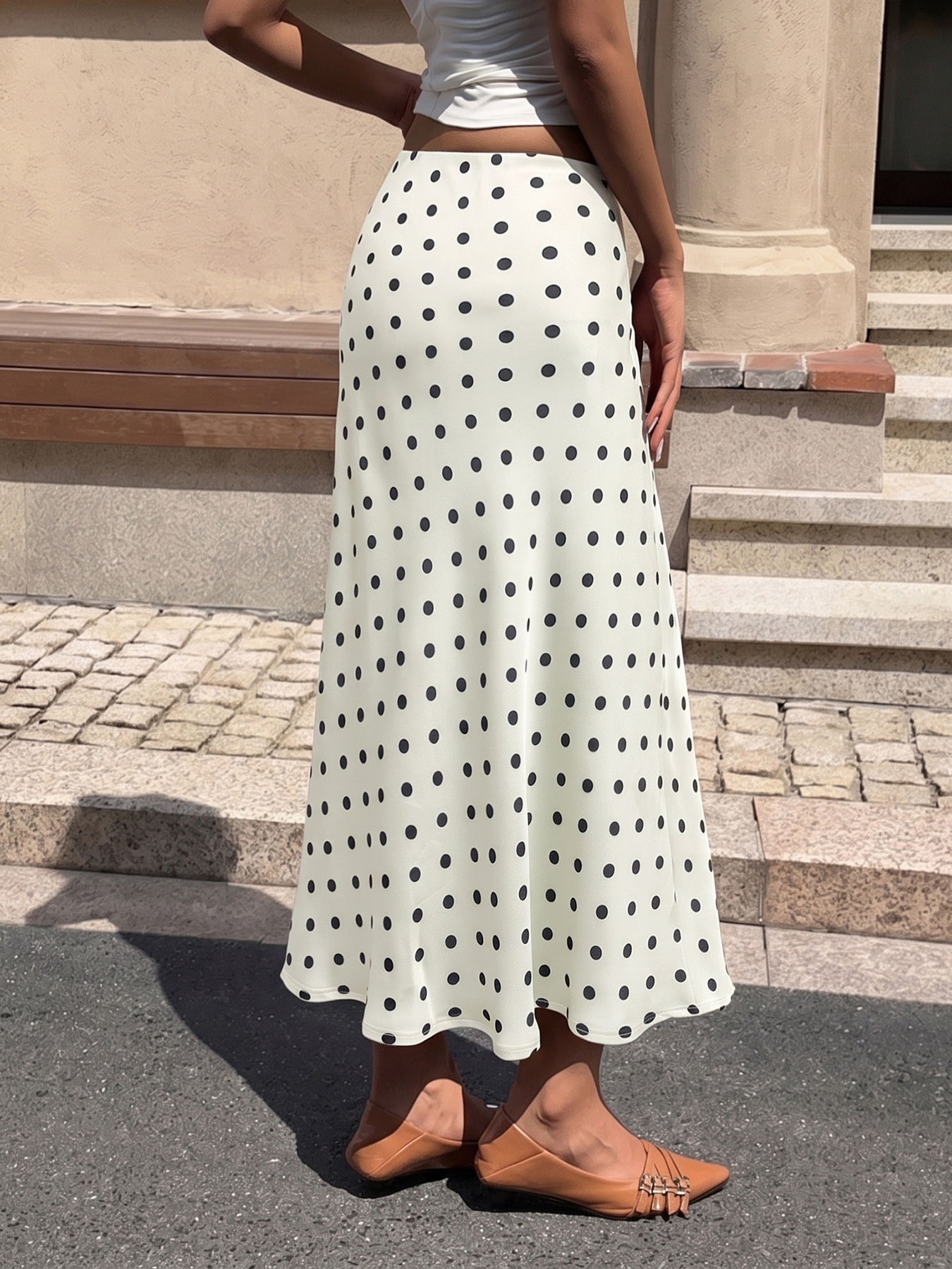 Women's Polka Dot Satin Midi A-Line Slip Skirt