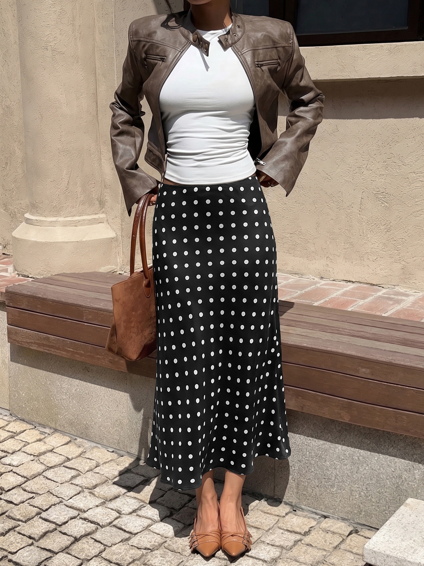 Women's Polka Dot Satin Midi A-Line Slip Skirt