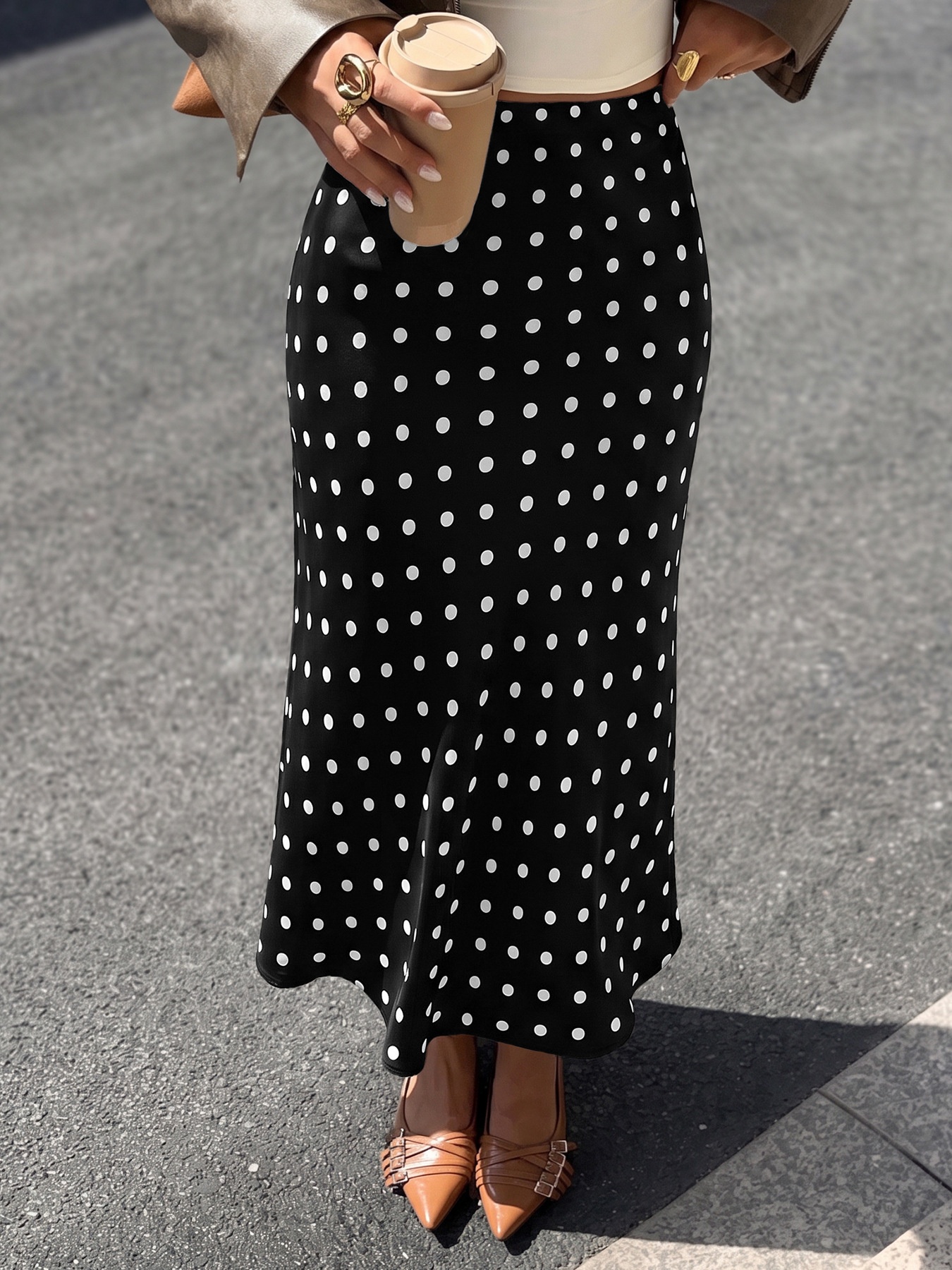 Women's Polka Dot Satin Midi A-Line Slip Skirt
