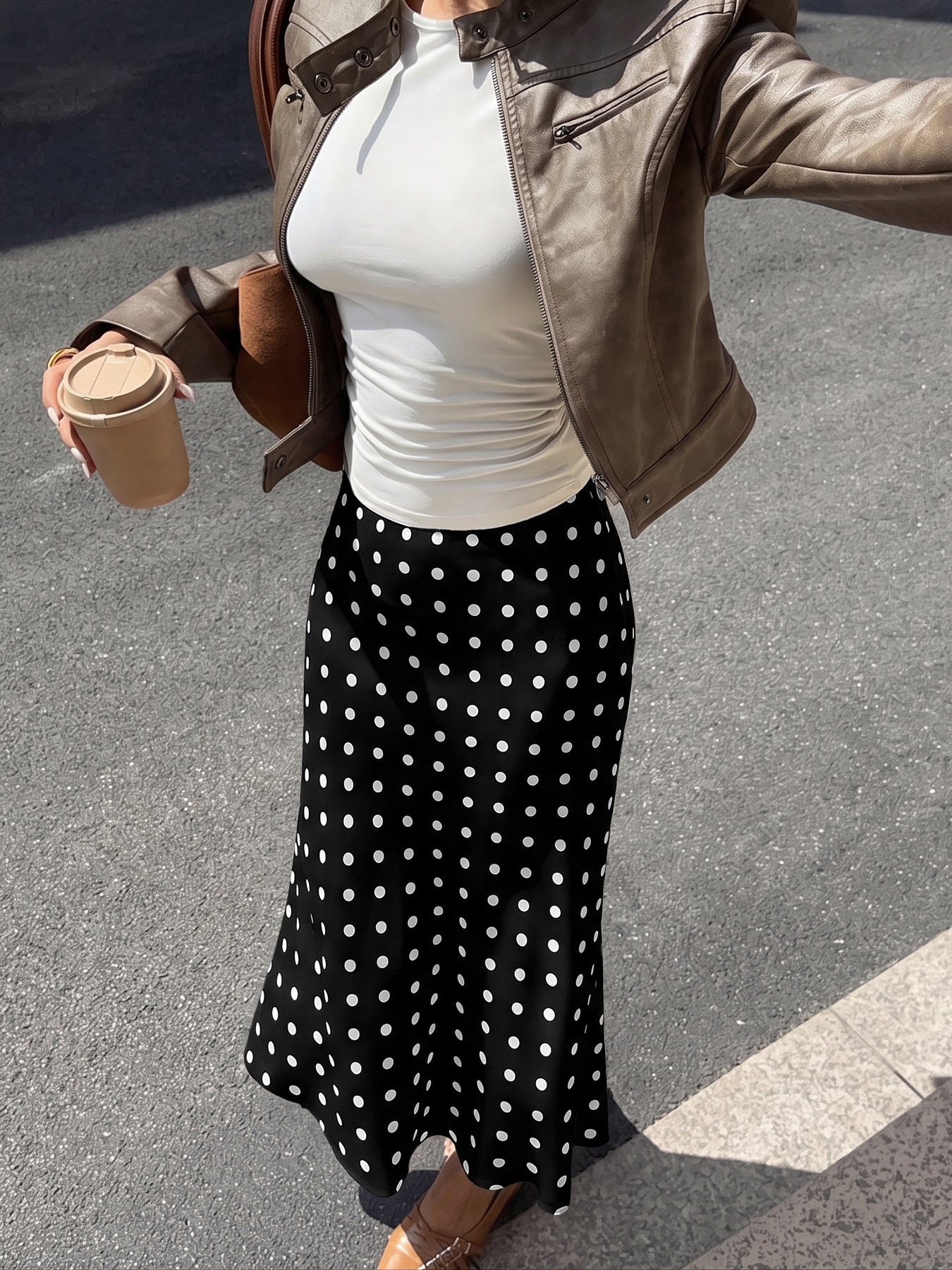 Women's Polka Dot Satin Midi A-Line Slip Skirt