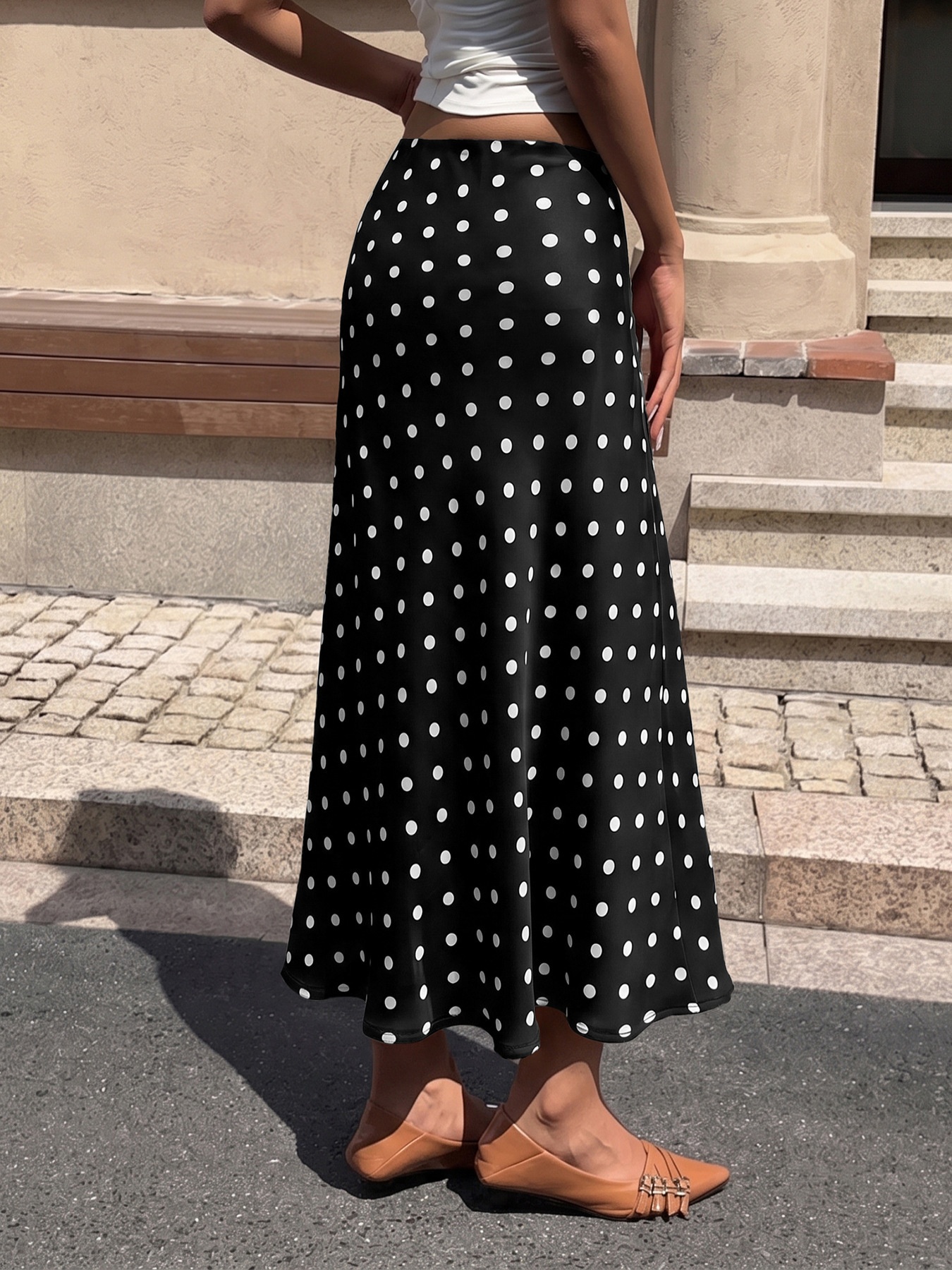 Women's Polka Dot Satin Midi A-Line Slip Skirt