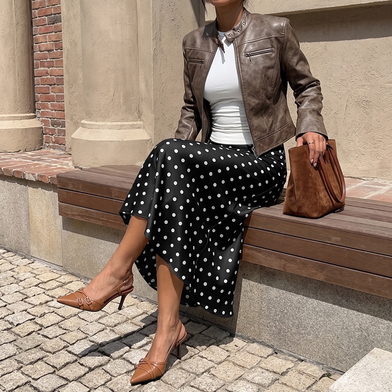 Women's Polka Dot Satin Midi A-Line Slip Skirt