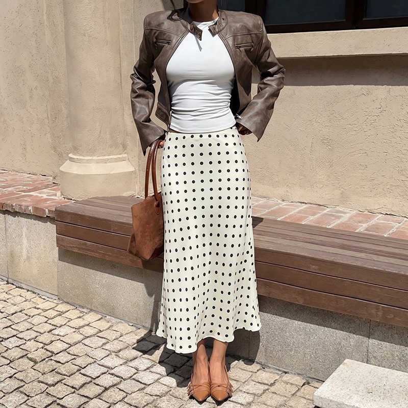 Women's Polka Dot Satin Midi A-Line Slip Skirt