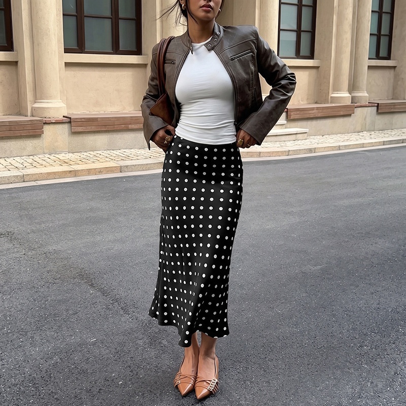 Women's Polka Dot Satin Midi A-Line Slip Skirt