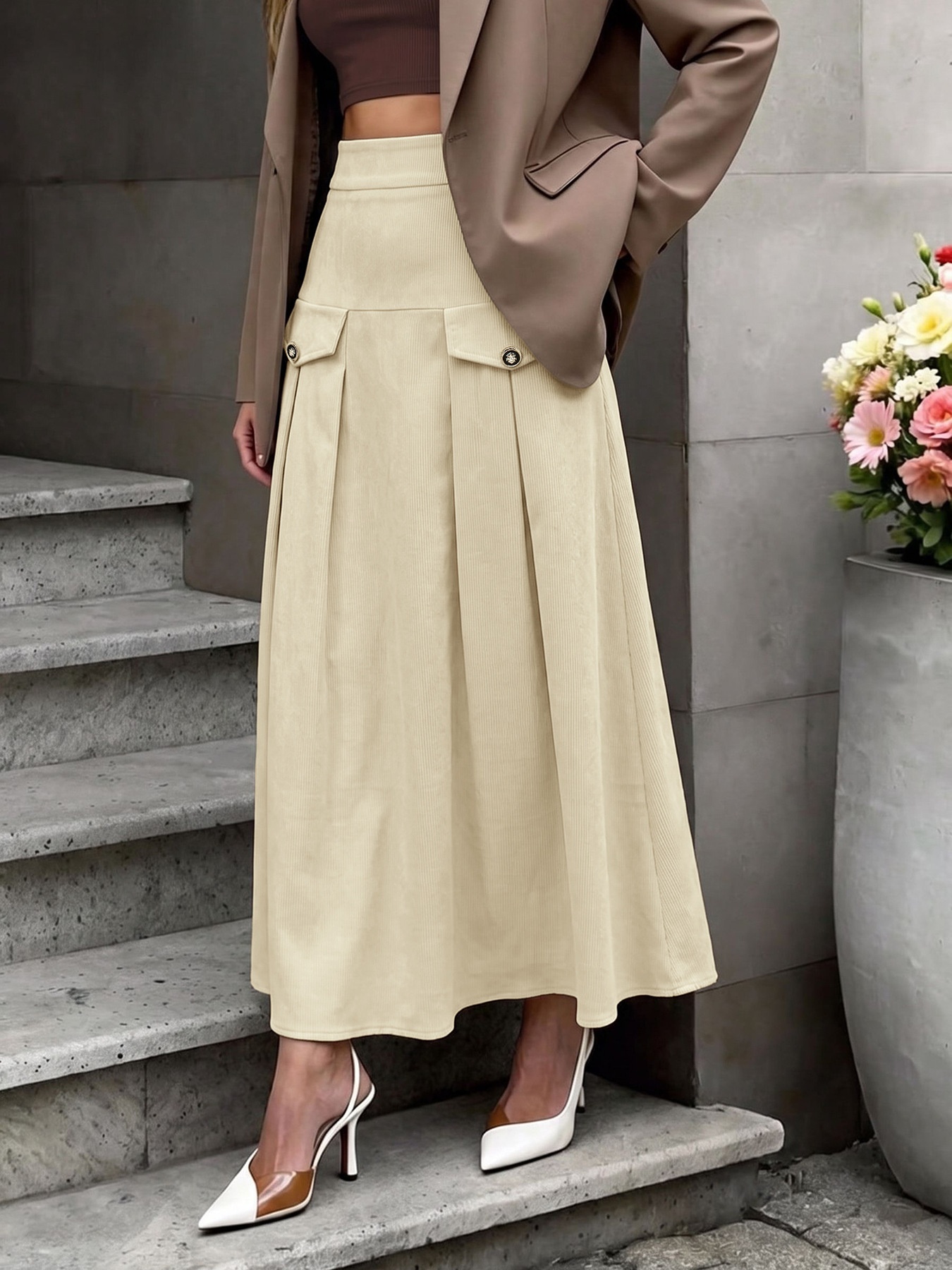 Pleated Corduroy Maxi Skirt with Flap Pockets