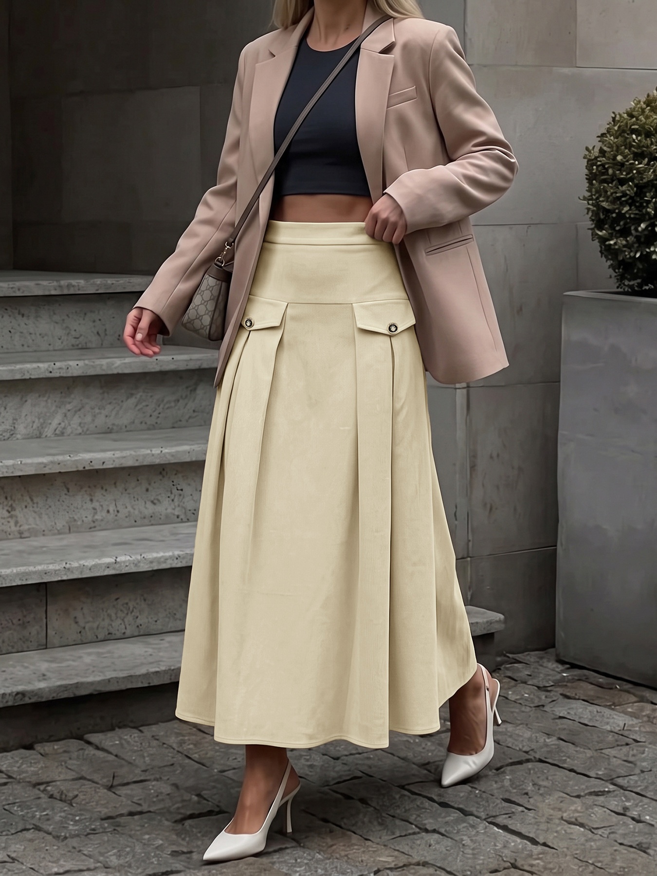 Pleated Corduroy Maxi Skirt with Flap Pockets