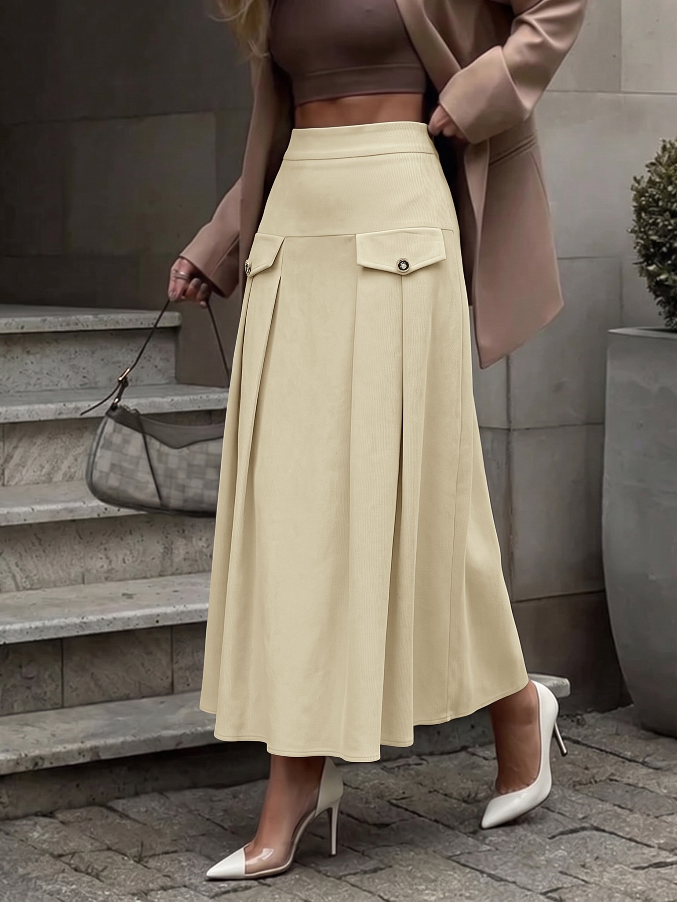 Pleated Corduroy Maxi Skirt with Flap Pockets